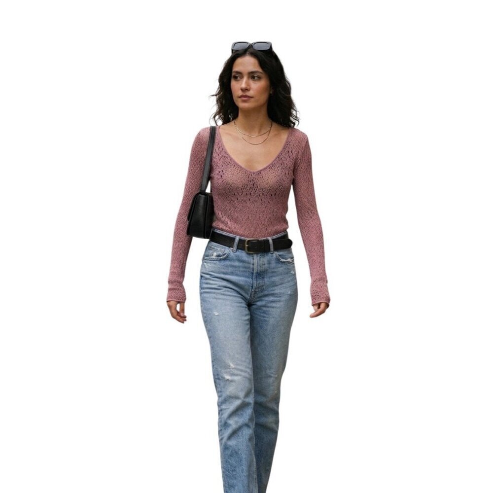 Wolford Daisy Net Top - Sheer Mauve Pointelle Warp-Knit Long Sleeve Sweater